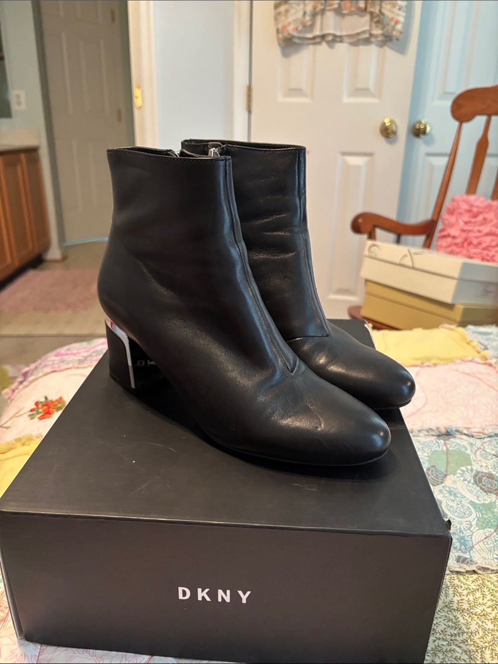 DKNY Black Leather Ankle Booties with Block Heel